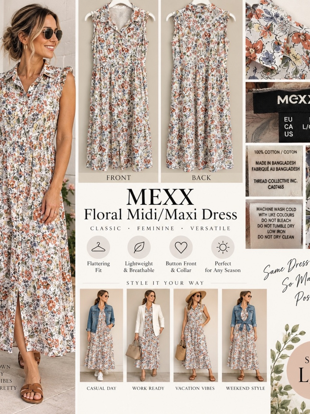 Mexx Floral Midi/Maxi Dress in Cream with Rust, Blue & Green Floral Print